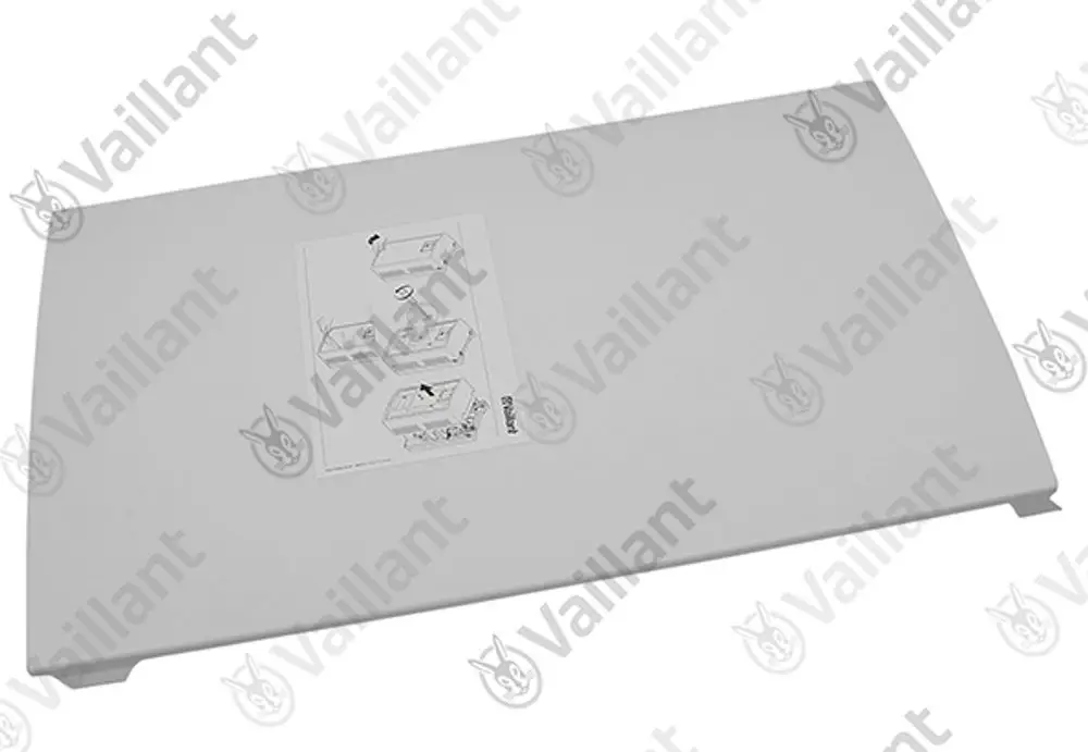 Weißes, flaches Abdeckblech von Vaillant mit Montageanleitung. Es zeigt eine Skizze zur korrekten Installation und Verwendung.